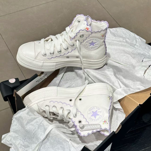 正品CONVERSE匡威 白色刺绣小花紫色花边厚底高帮帆布鞋 A13528C