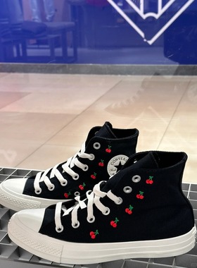 正品converse匡威 Allstar女子黑色小樱桃刺绣高帮帆布鞋 A08142C
