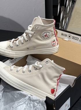 正品Converse匡威 可爱红格刺绣苹果高帮拼接休闲帆布鞋 A13176C