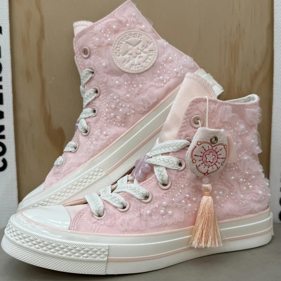 正品CONVERSE匡威1970S婚鞋女春日清新桃花钉珠高帮帆布鞋A13850C