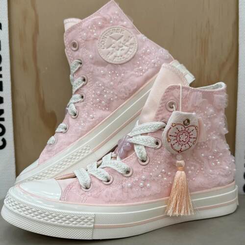 正品CONVERSE匡威1970S婚鞋女春日清新桃花钉珠高帮帆布鞋A13850C