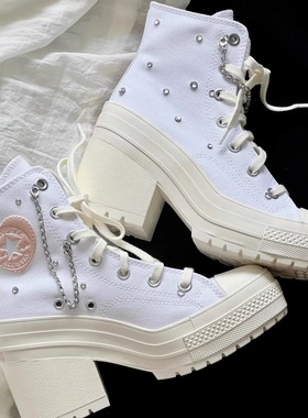 正品CONVERSE匡威 女团风白色高跟鞋增高厚底高帮帆布鞋A10303C