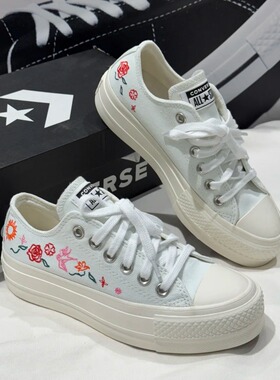 匡威新款all star女款白色低帮刺绣厚底增高休闲帆布鞋A10822C