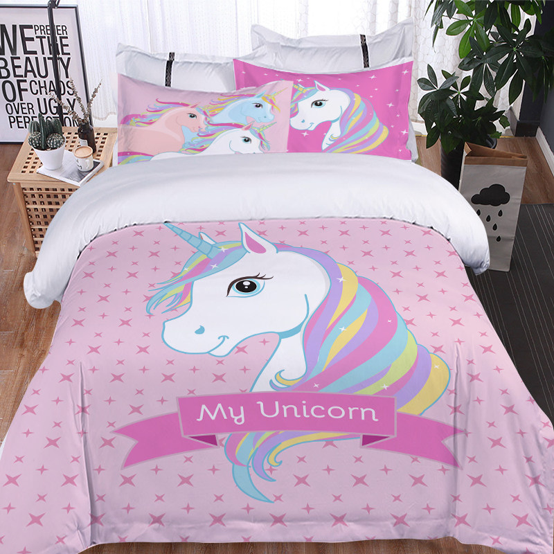 独角兽三件套床上用品卡通动物马3D数码印花被套枕套被罩床单定制