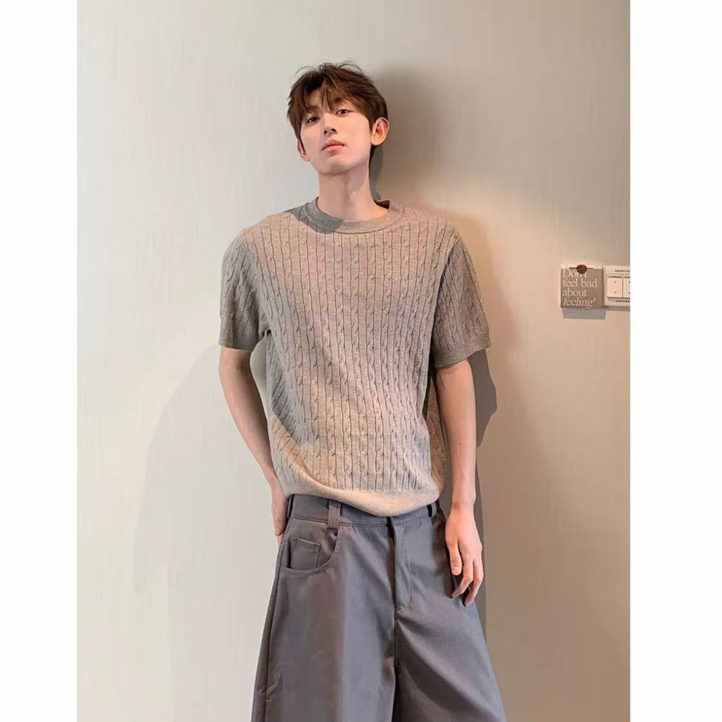 HN潮牌-夏季老钱风圆领麻花针织短袖T恤男士纯色百搭休闲韩系半袖