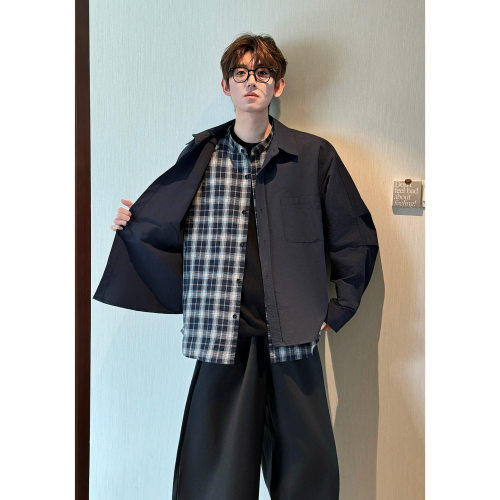 HN26ss【假两件格子衬衫】美式休闲翻领开衫男百搭痞帅高级感夹克