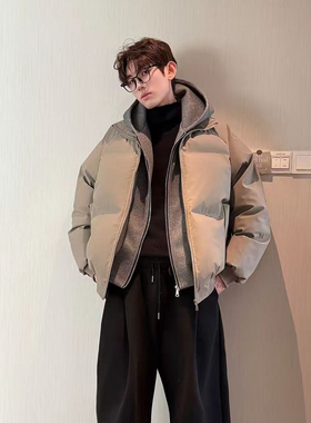 HN潮牌【假两件】冬季连帽PU皮双拉链加厚棉服男宽松保暖百搭棉衣