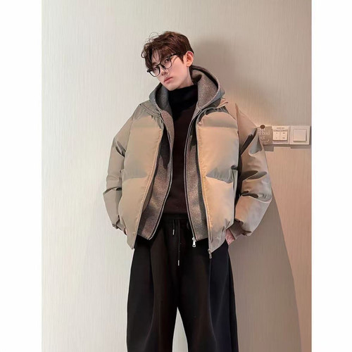 HN潮牌【假两件】冬季连帽PU皮双拉链加厚棉服男宽松保暖百搭棉衣