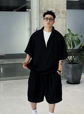 XDZZ二狗25ss夏季超薄廓形假两件衬衫短裤套装