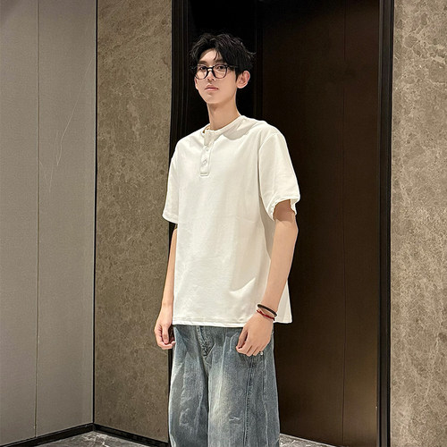 HN潮牌-夏季新款树皮纹亨利领短袖男百搭宽松凉感休闲insT恤上衣