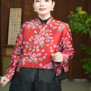 新中式上衣提花立领复古短款民族风直襟长袖开衫拼接