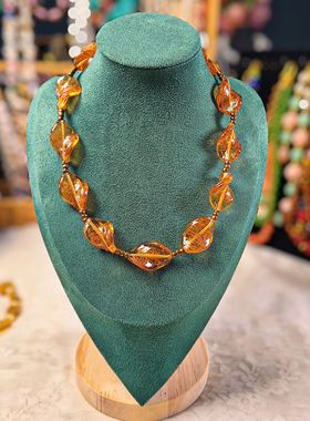 「非遗原创」复古咖金色金沙叶子油画琉璃项链女锁骨6544 特价79