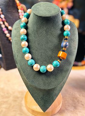 孤品松石蓝项链天然石美菱矿大颗粒复古尼泊 尔老琉璃锁骨链15545