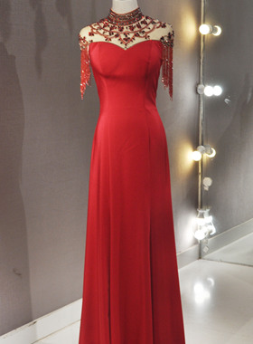 出租新款高端奢华红色鱼尾流苏晚礼服年会主持新娘结婚回门敬酒服