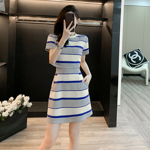 2024夏装新款短袖假两件套条纹连衣裙女时尚收腰显瘦中长休闲裙子