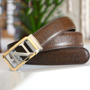 n字母皮带男潮流款 自动扣真皮青年百搭棕色腰带男年轻人 2024新款