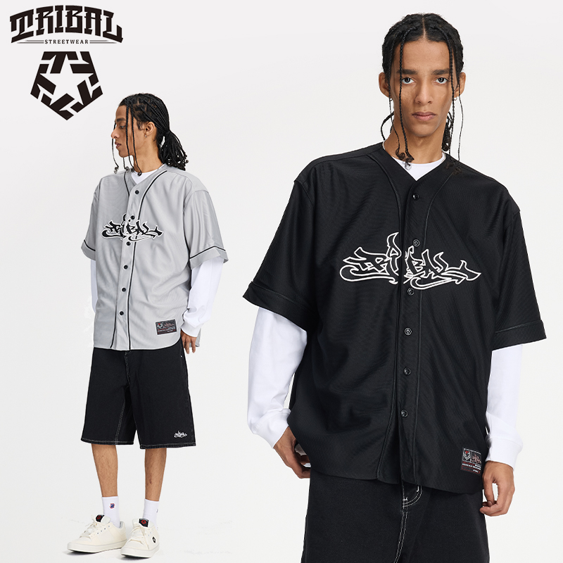 TRIBAL美式嘻哈棒球短袖衬衫街舞滑板宽松涂鸦刺绣街头风潮牌上衣