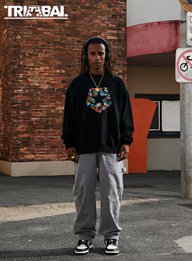 TRIBAL 涂鸦TSTAR圆领卫衣美式街头潮牌宽松圆领街舞滑板套头卫衣