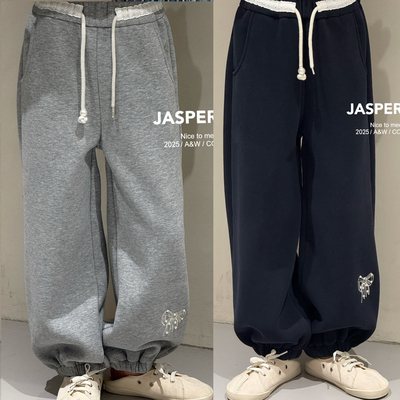 波拉bora女童蝴蝶结加绒运动裤