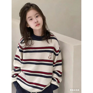 波拉borabora韩国童装JASPER儿童条纹毛衣2025冬圆领针织衫内搭潮