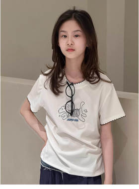 波拉borabora韩国童装女童短袖T恤2026夏JASPER花边刺绣半袖上衣