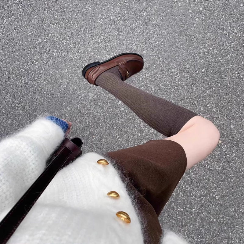 咖色小腿袜春秋女款长筒袜子配小皮鞋棕色堆堆袜纯棉日系高腰长袜