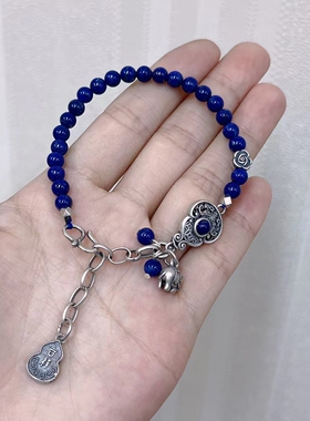 、天然青金石手链小珠细手纯银时尚特色银饰复古