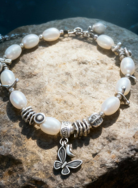 复古天然淡水珍珠手链女蝴蝶吊坠