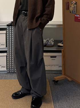 TNMK美式街头褶型工装阔腿裤基础廓形男女纯色宽松休闲弯刀裤子潮