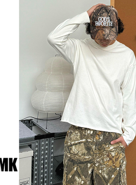 TNMK 简约长T卷边破坏打底长袖纯色纯棉美式vintage圆领休闲T恤男