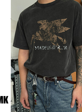 TNMK 春夏美式复古T恤男做旧水洗破坏感龟裂印花短袖tee学院风T恤