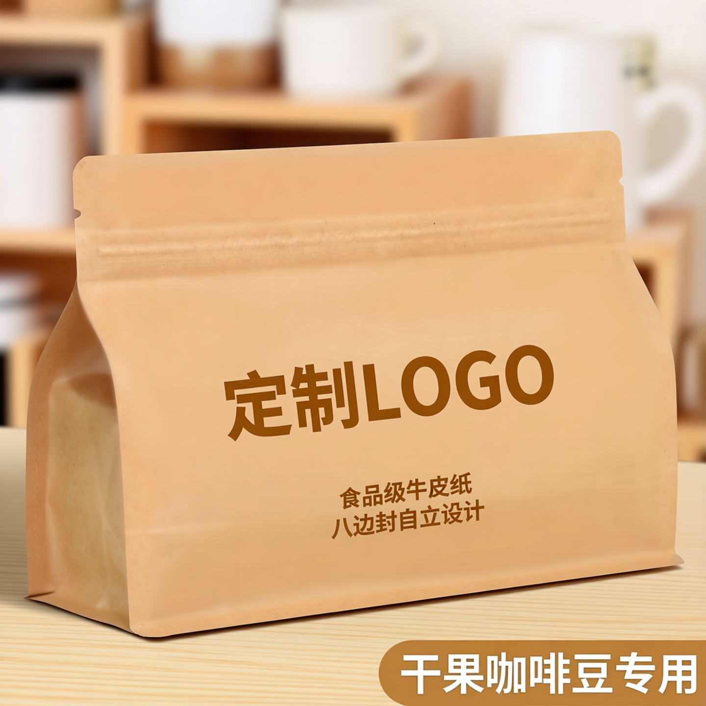 食品牛皮纸袋八边封自封袋自立袋干果咖啡豆包装袋子定制印刷LOGO