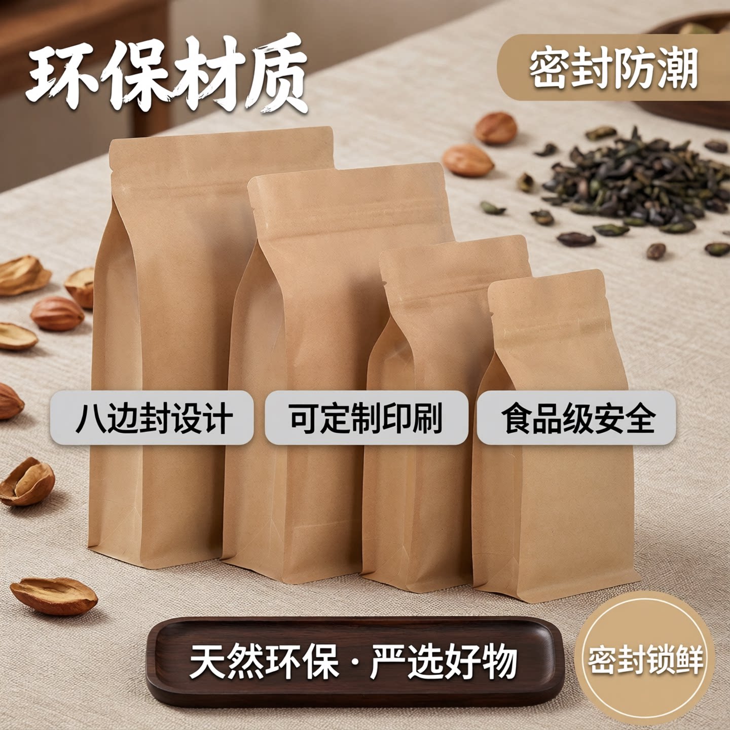 牛皮纸袋自封袋八边封食品自立袋茶叶包装瓜子干果密封袋印刷定制