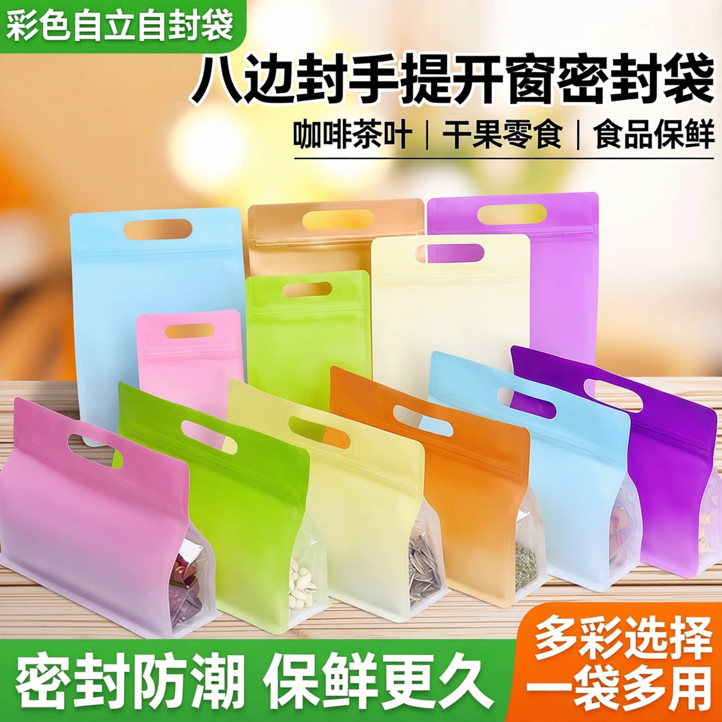 彩色自立自封袋咖啡茶叶食品八边封手提开窗干果零食密封包装袋子