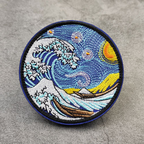 浮世绘海浪星空刺绣魔术贴章徽章