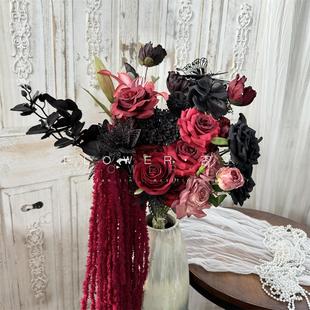 复古哥特黑玫瑰花暗黑红色花束拍照道具枯萎暗红玫瑰万圣节装饰