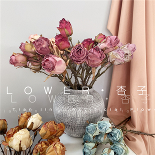 北欧复古枯萎仿真花摆件烤边玫瑰花假花蕾摄影花写真道具紫色花艺