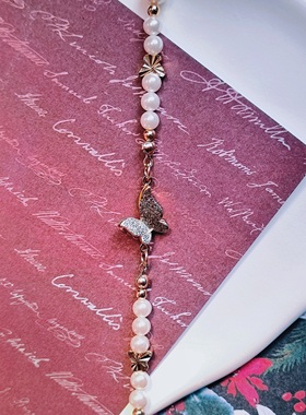 原创女珍珠14k金蝴蝶不撞款手链