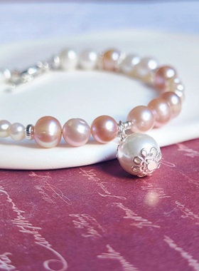 原创女珍珠花银知性紫手镯天然