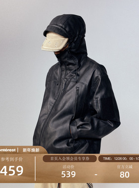 瞬时山野Monterest户外复古logo刺绣PU仿皮连帽双开拉链抽绳夹克