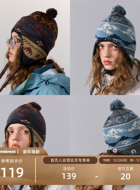 瞬时山野Monterest复古图腾图案针织骑行防寒保暖抓绒护耳毛线帽