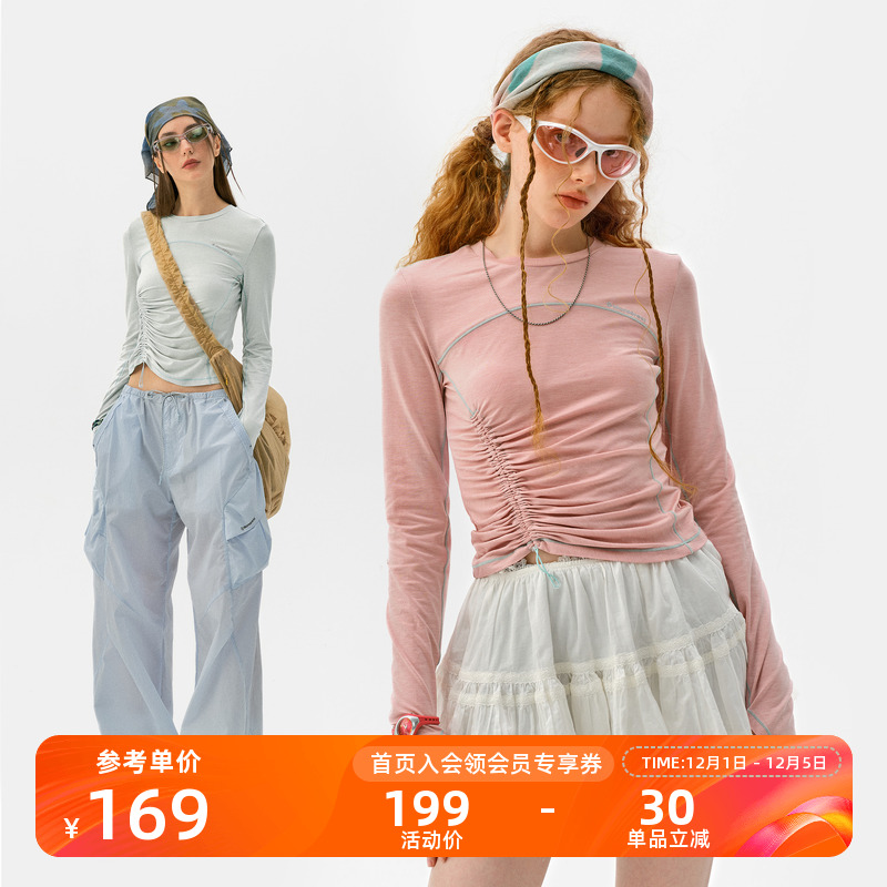 瞬时山野Monterest户外5A抗菌羊毛混纺打底抽褶修身长袖圆领T恤女