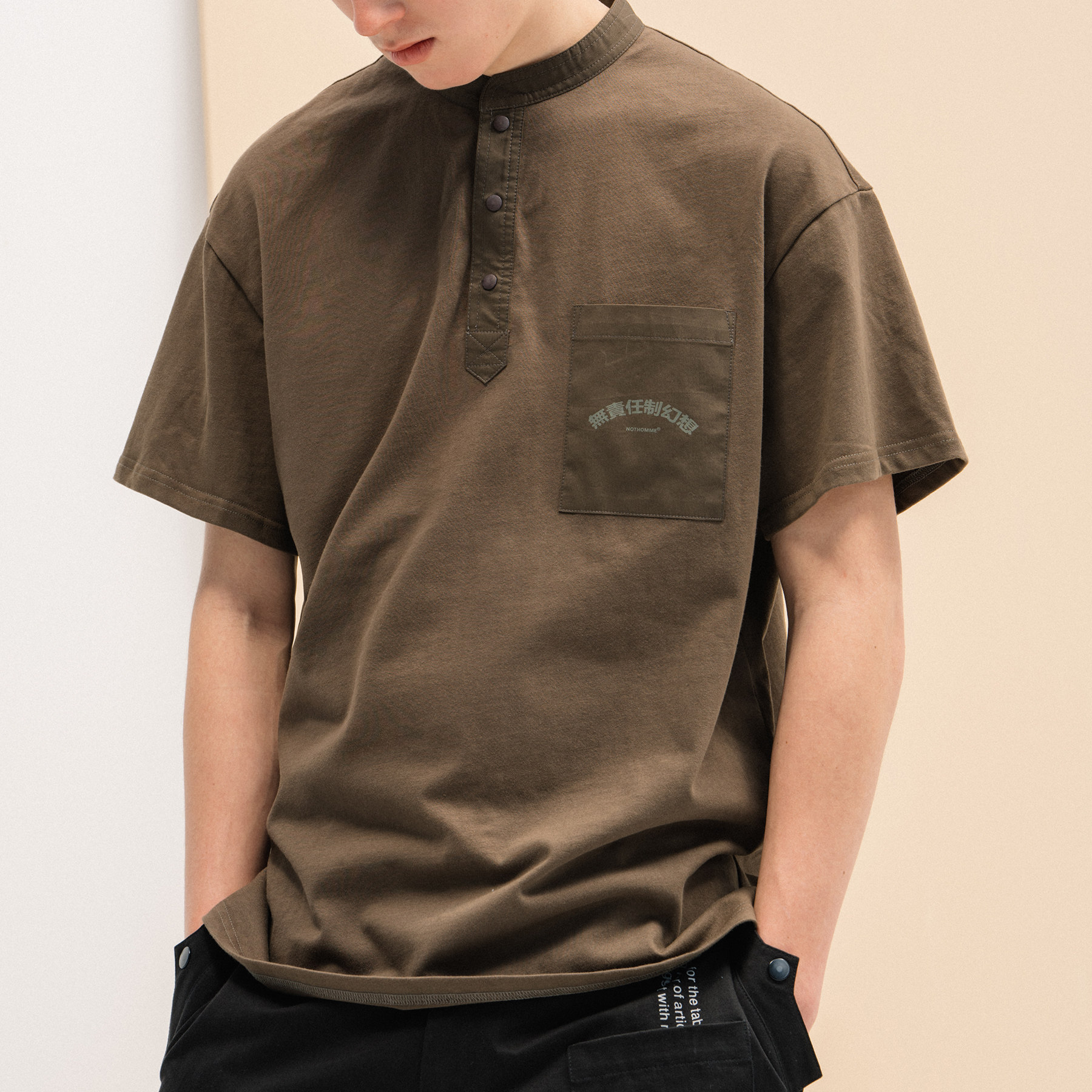 NOTHOMME日系潮牌复古立领POLO衫男士纯色休闲百搭亨利领短袖T恤|msdalam kategori Pakaian Lelaki, shirt Polo - dari Buy2taobao.com untuk memberikan perkhidmatan ejen Taobao profesional membeli