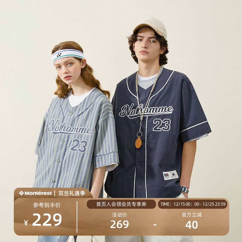 NOTHOMME 贴布绣潮牌夏季复古休闲学院风短袖条纹全棉棒球衬衫男