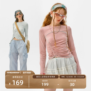 瞬时山野Monterest户外5A抗菌羊毛混纺打底抽褶修身 圆领T恤女 长袖