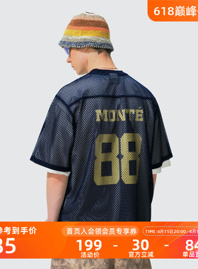 瞬时山野Monterest户外复古Slogan标语印花镂空网眼球衣短袖T恤男