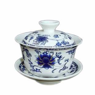 青花陶瓷盖碗中式 三才碗泡茶碗复古潮汕茶盘备盖凹杯子蓝色