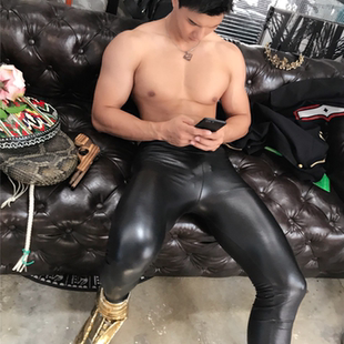 弹力性感紧身仿皮夜店男模演出发型师可外穿长裤 男士 秋冬保暖皮裤