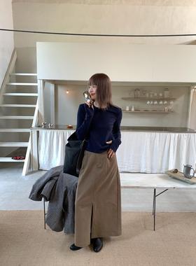 2025秋季新款韩系前开衩纯棉磨毛松紧腰文艺简约款半身裙 12629#