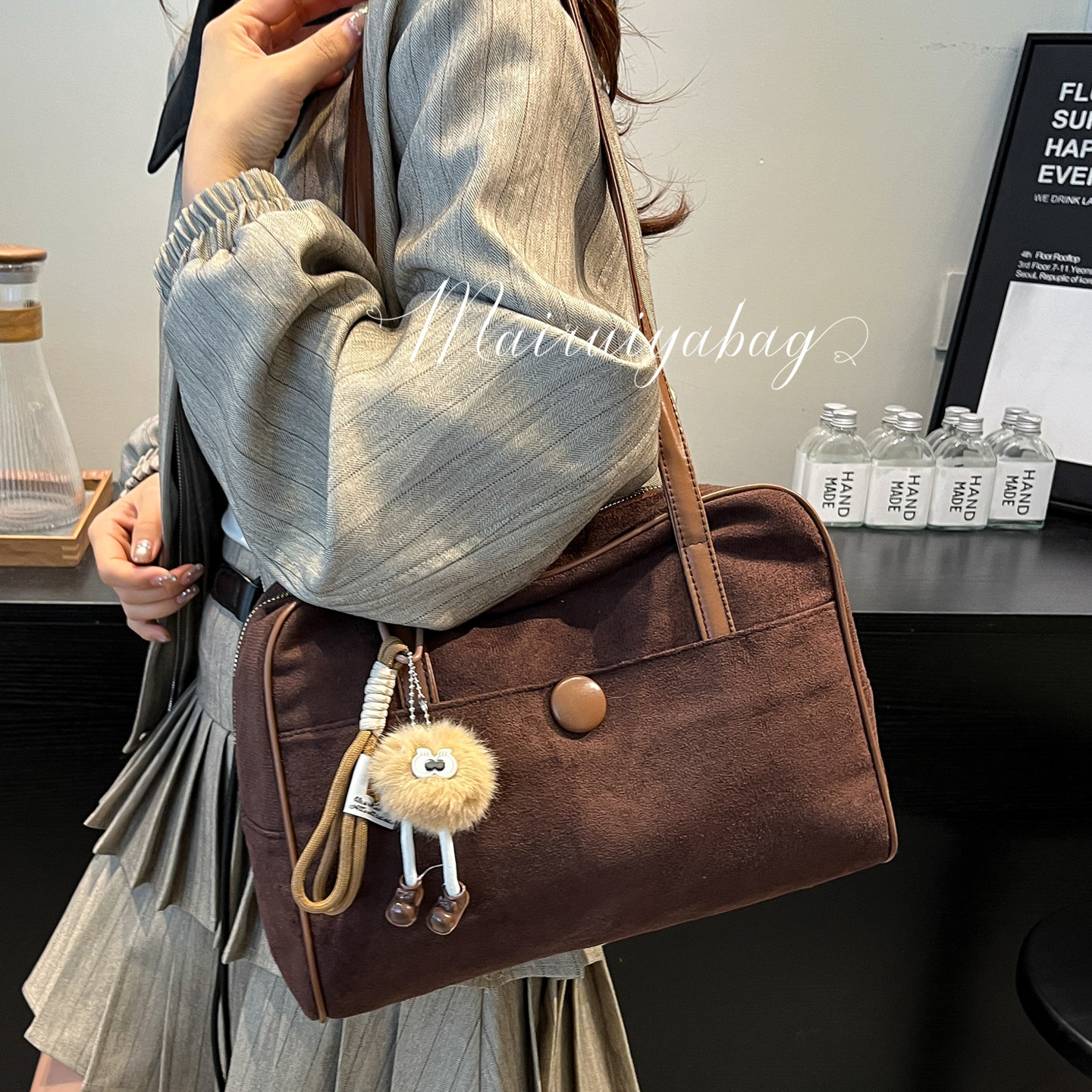 大容量复古麂皮绒百搭波士顿包